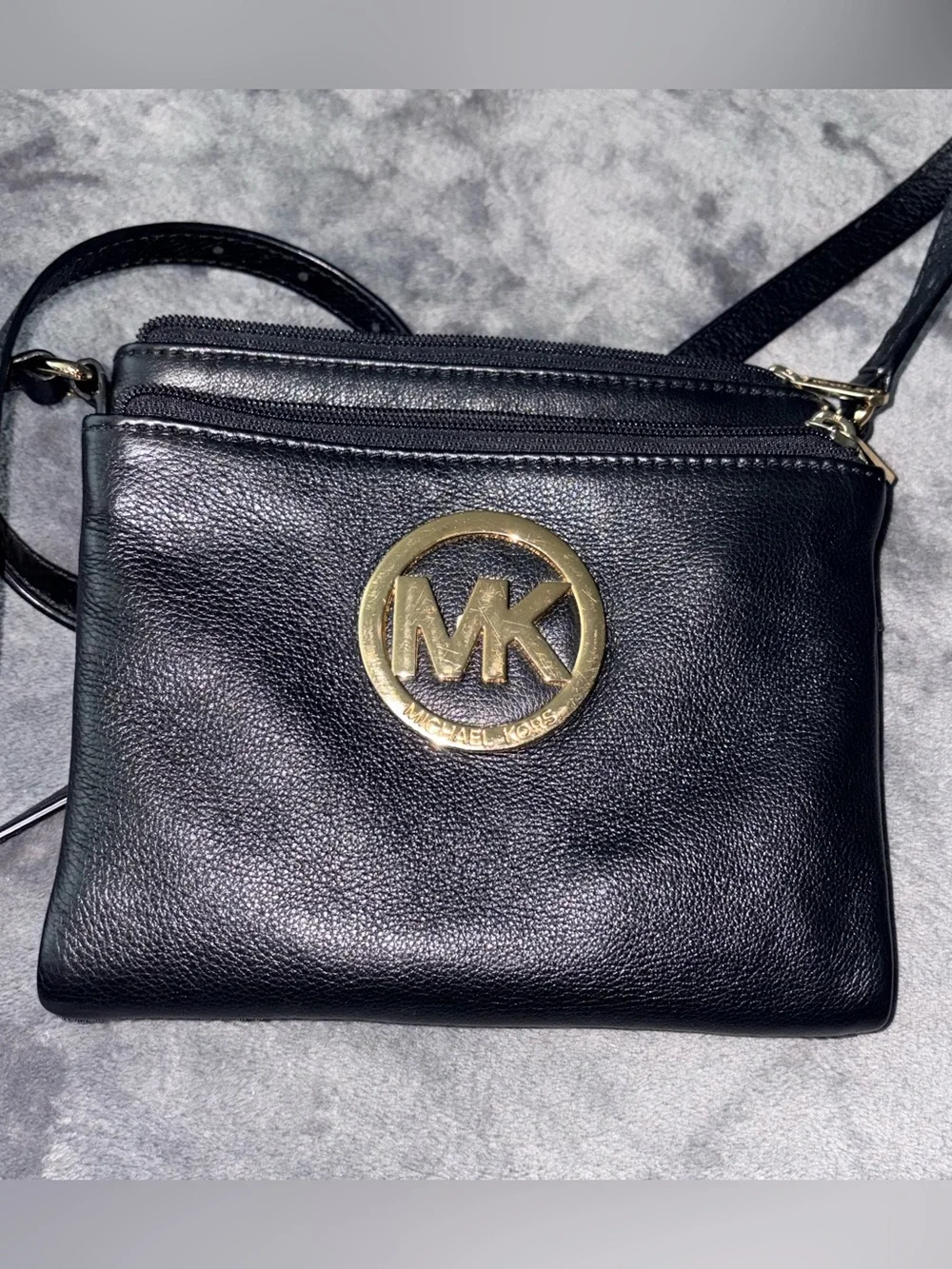 Michael Kors Black Leather Crossbody with Gold Logo Accent